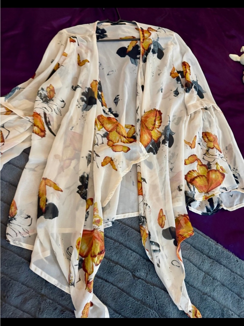 Lightweight White Floral Kimono Cardigan with Yellow Orange Flowers